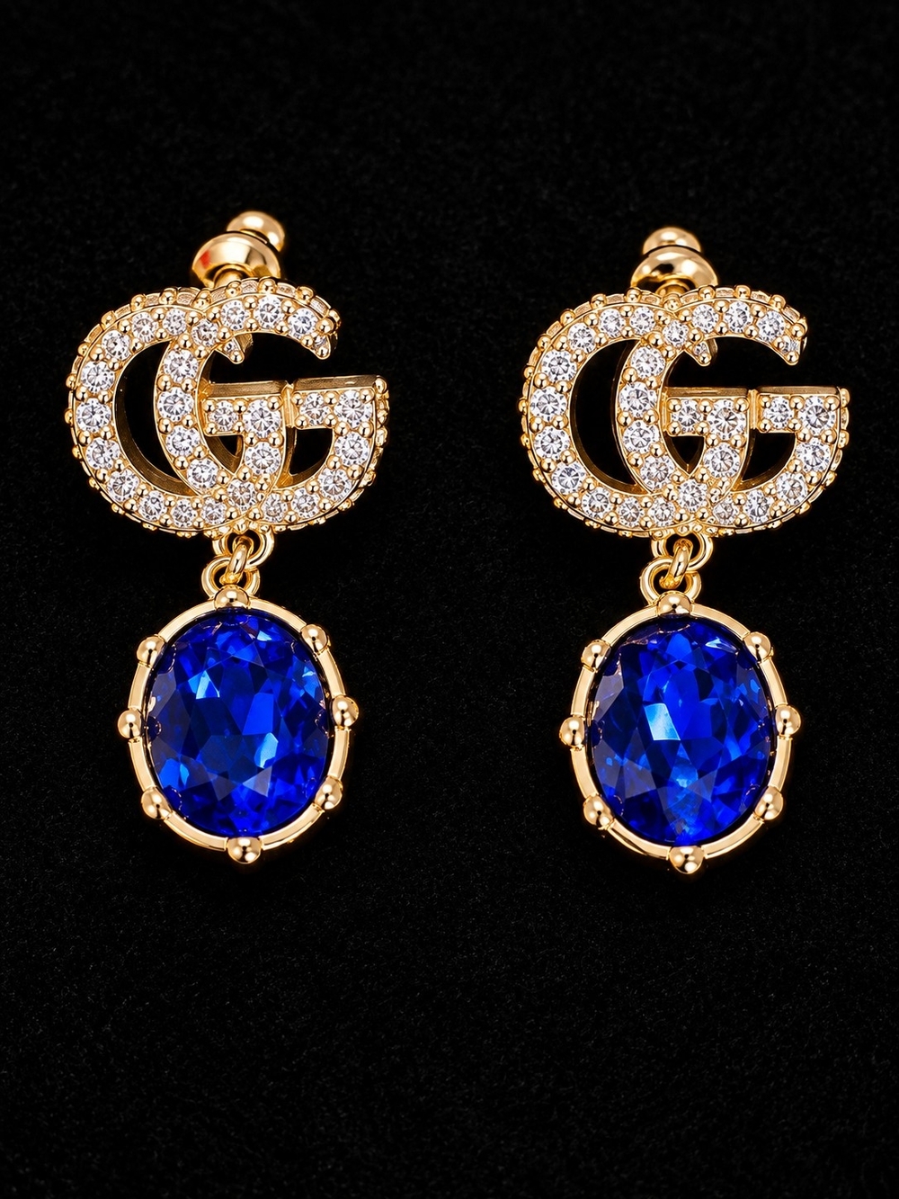 Gucci Blue Crystal GG Drop Earrings - Gold Tone